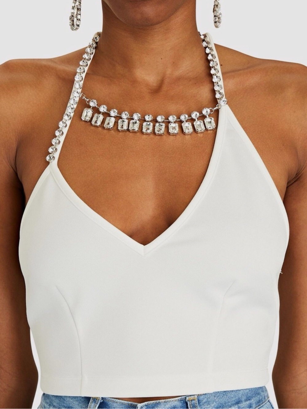 Crystal-Trim White Halter Crop top
